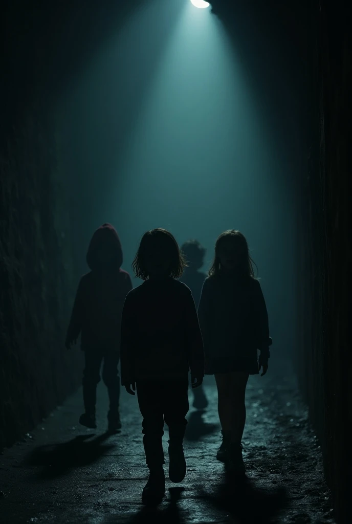 a group of creepy children with pitch-black eyes, horror, in a dark street near homes, creepy fog in the background (best quality,4k,8k,highres,masterpiece:1.2),ultra-detailed,(realistic,photorealistic,photo-realistic:1.37),HDR,UHD,studio lighting,ultra-fine painting,sharp focus,physically-based rendering,extreme detail description,professional,vivid colors,bokeh,dramatic lighting,chiaroscuro,dark shadows,dramatic atmosphere,clutter,cobwebs,dark wood furniture,dramatic pose,eerie and creepy expression, full black eyes