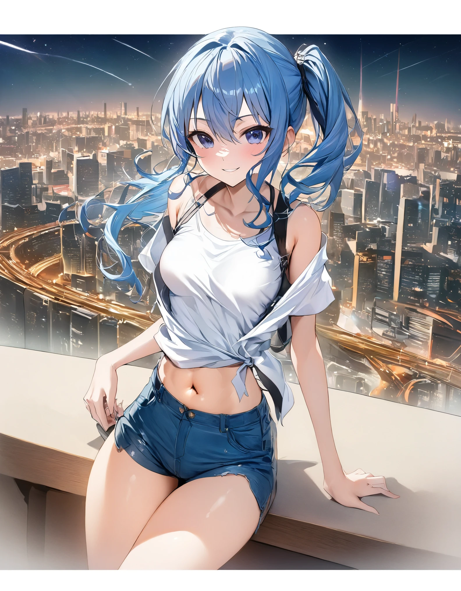 (8k、Best image quality、highest quality、masterpiece)、Detailed face、 1teen_girl、Blue Hair、Long Hair、sideponytail、dark_blue_eyes、smile,(peek_navel:0.7),(small_breasts:0.8),(White_T-shirt:1.3)、Off_shoulder、Black shoulder straps、(open_front_shorts,denim_short_shorts:1.2)、City Background, starry_sky_landscape ,hoshimachi suisei, (belly_button:1.2),nihil,solo,stargaze,girl_looking_up_sky,slender,solo,boots,abs, tight_waist, point_to_sky,slender_thighs,knees