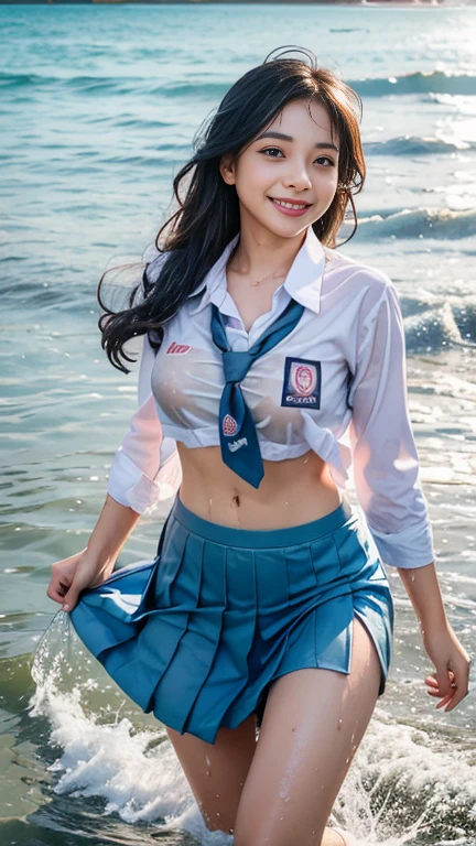 20 yo Indonesian girls in school uniforms playing in the water, at the beach, sunset, twilight hour, magic hour, wet sand, waves, long sleeves, 2 girls, (cardigan), ((loose tie)), ((pleated skirt)), closeup fantasy with water magic, beautiful maidens, playful, (splashing) wearing a skirt made of water, cleavage, photorealistic, dripping wet, in water up to their shoulders, beautiful realistic photo, nymph in the water, hyperrealist portrait at seaside, hyperrealistic fantasy photo, splashing,  playing with each other, cute shot, narrow depth of field, 8k,  ((drenched)), ((soaked)), (dripping water), dripping oil, heavy clothes, soaked in oil, wet all over, rouge lipstick, wet dripping hair, varied hair, smiling, ((see throug, varied poses, tropical beach