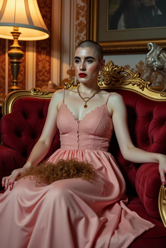 (She is visibly very sexually aroused by the viewer and is anxiously excited looking at them), the scene is a surreal, luxurious image of a woman sitting elegantly on a lavish, baroque-style couch with ornate golden carvings. She is dressed in a flowing, pink dress with delicate lace details that catch the soft ambient light. (Her head is shaved bald), similar to her pale, freckled ethereal face. The room around her is richly decorated, with heavy velvet curtains in a deep crimson hue and walls adorned with intricate, golden floral patterns. A vintage lamp casts a warm glow, contrasting with the cool blue light that illuminates her. (Behind her is a large framed portrait of her with long flowing hair). ((There is a large pile of hair on her lap, and in her hand a set of "Wahl hair clippers")). The scene has a cinematic, dreamlike quality, with subtle hints of abstraction—the colors appear rich and saturated, giving the room an almost otherworldly atmosphere. In the background, a mysterious, shadowy detailed painting of her with long hair hangs on the wall, adding a sense of intrigue.
