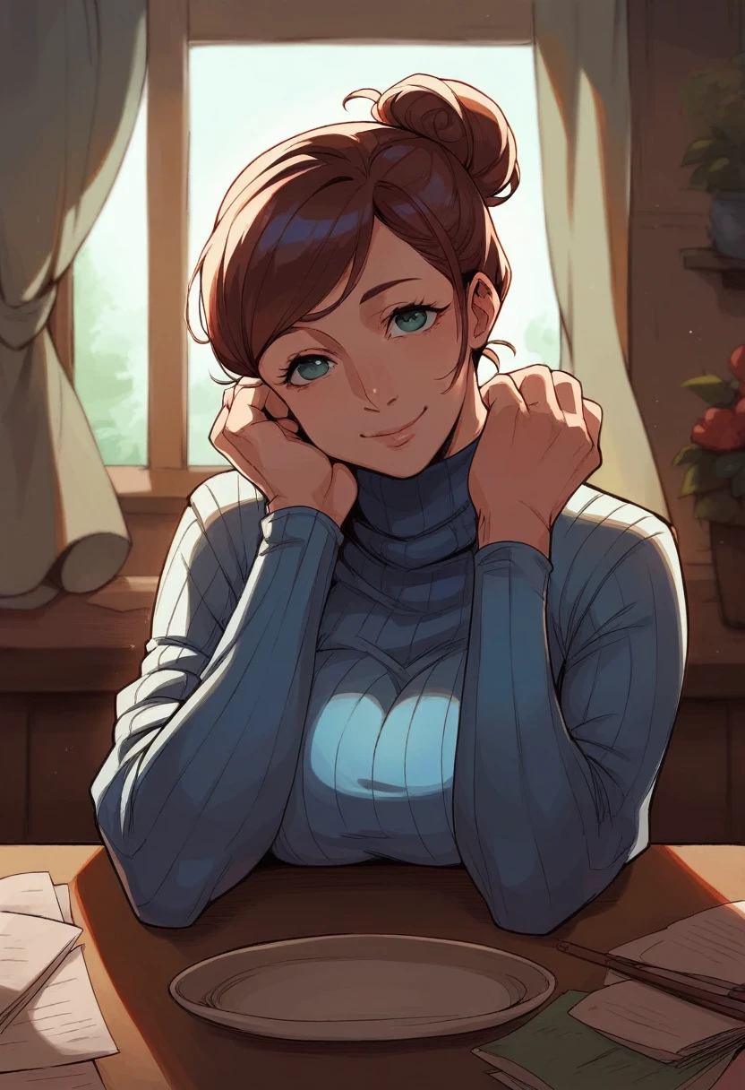 score_9, score_8_up, score_7_up, score_6_up, score_5_up, score_4_up, best quality, perfect anatomy, realistic face, indoors, sunny, warm sunlight, window shadow, 1girl, turtleneck, ribbed sweater, solo, ((three quarter view)), head tilt, light smile, breast rest, large breasts, ((milf)), smile, hair bun, side locks, swept bangs, thick, pov, looking at viewer, table