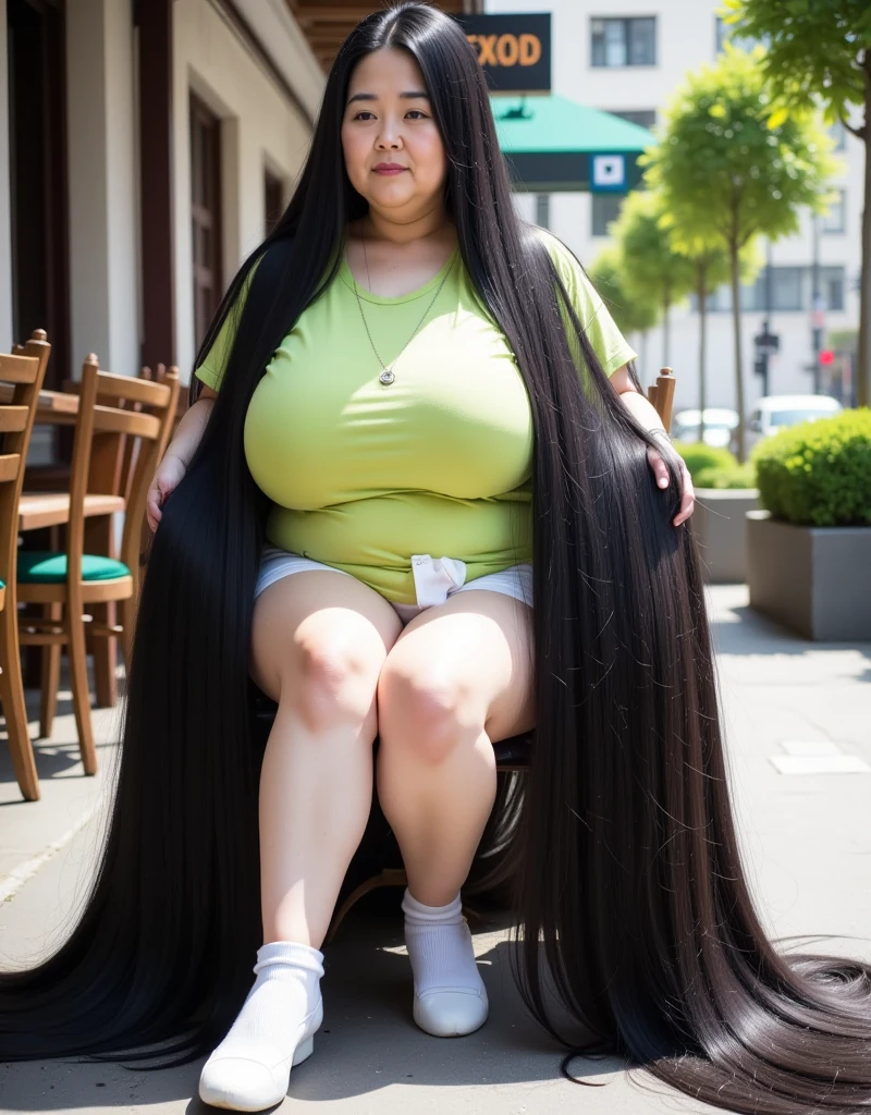 8k,Highest quality, masterpiece, Ultra-high resolution,(masterpiece:1.6, Highest quality), Intricate details, Middle-aged woman in her 50s,Japanese, alone, full body, ((Absurdly Long hair:1.5)),top of head,(jet Black Hair), (forehead:1.5), (Extremely obese:1.2), (Fat face:1.2), (round face:1.2), (Saggy face:1.2), crow's feet wrinkies, saggy body, (((Super huge breasts:1.8))), (((super Saggy breasts:1.8))), ((cleavage:1.6)), ((Abnormally long, beautiful black hair that reaches down to her heels:1.5)) ((Abnormally long, beautiful black hair that reaches down to her heels:1.5)), ((Her excessively long black hair reaches the ground:1.5)), pale skin, shiny skin,lime green t-shirt , white shorts ,White socks, sitting on a chair on a cafe terrace