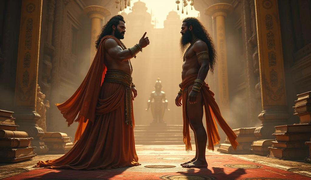 Generate a high quality interior of an indian palace with big windows without mirror and curtain closing, the indian palace king having bodybuilder physic and long hairs scolding and ordering his all male servents standing with anger standing in front of them giving order, the king is pointing finger toward only male servents king face is highy detailed with high definition and fully visible,palace ambience is rich and ancient,king face is visible clearly