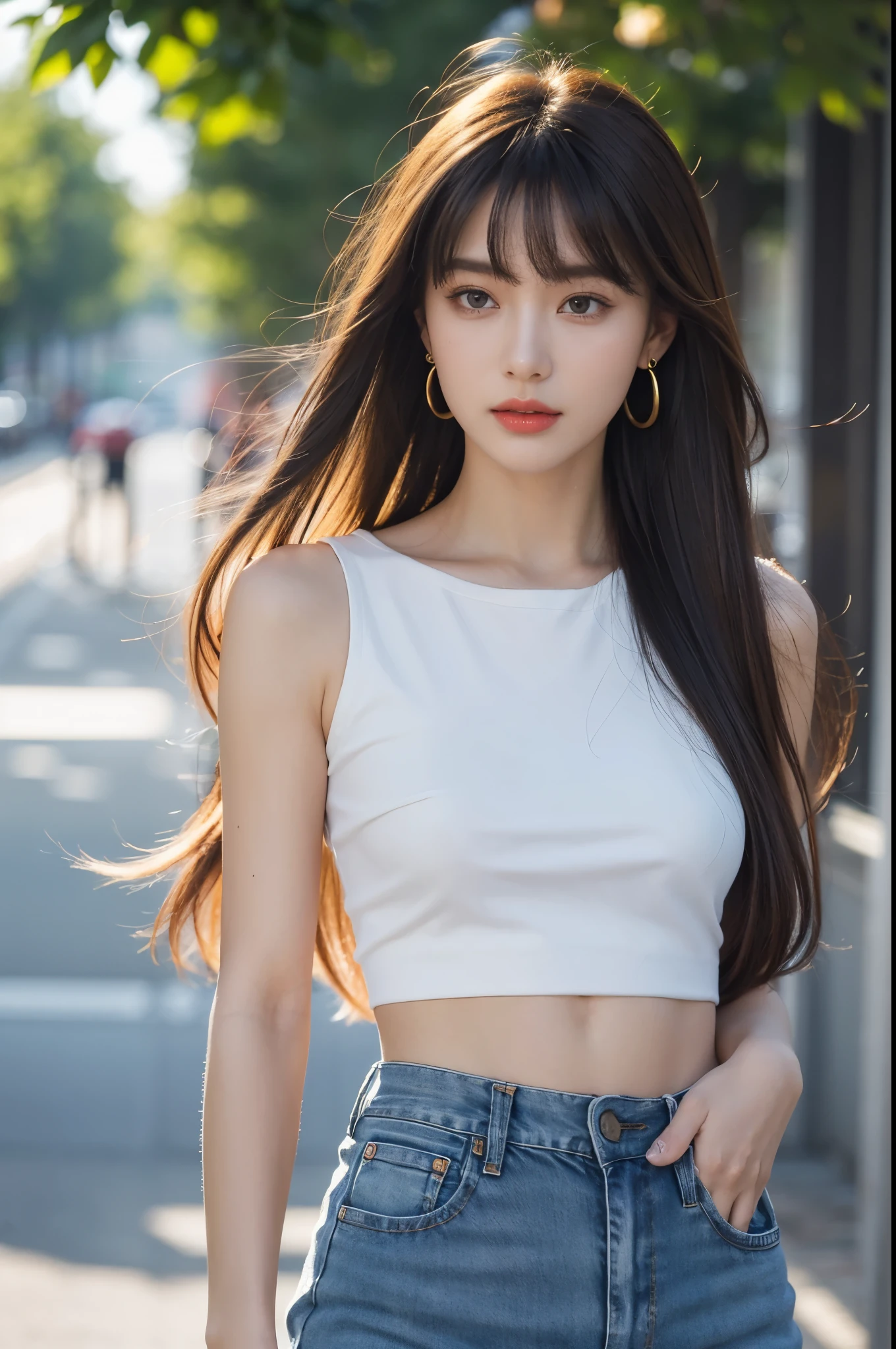 ((realistic lighting, highest quality, 8K, masterpiece: 1.3)), clear focus: 1.2, 1 girl, perfect beauty: 1.4, slim abs: 1.1,Angle of view that captures the whole body, long legs,Wearing knee-high socks,wearing black shoes with straps((Long black hair)), ((With bangs)), (white crop top: 1.4), (tartan check miniskirt), (outdoor, night: 1.1), holding a smartphone and pointing it at the camera,in the university courtyard, Doing sports sitting with legs bent,super fine face, fine eyes, double eyelid,