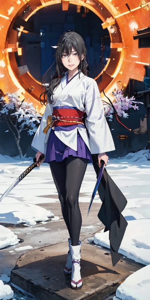 yukinoshita yukino, young 1girl, solo, sakifuwa, glazed eyes, very long hair, ponytail, orange eyes, black hair, black tights, white samurai suit, long leggings, purple strain of hair, very purple long skirt, holding dual sword, frost effects, frost blue, frost pillars, at mountain
