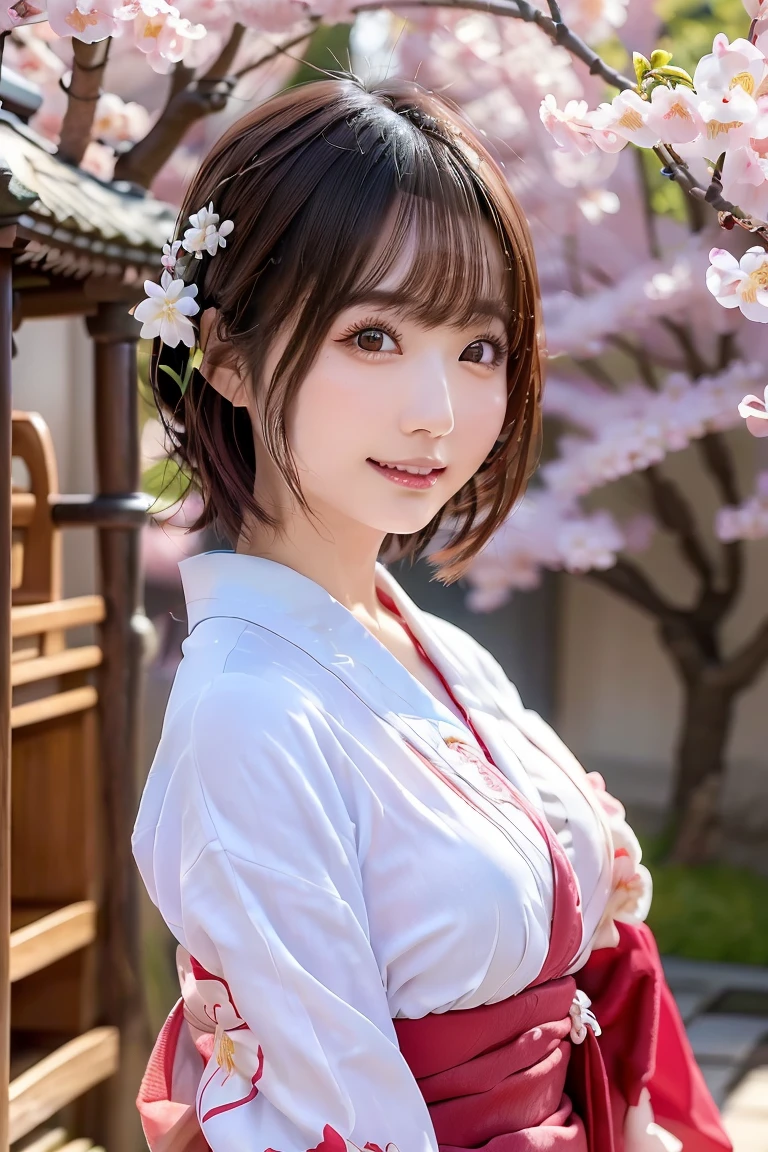 (8k、RAW Photos、Best Quality、 High Resolution 、masterpiece:1.2)、(Realistic、 photorealistic :1.3)、Smooth and beautiful hair、One Girl、smile、Highly detailed photos、Very beautiful pictures、No makeup、Smaller breasts、( medium short hair :1.2)、 staring at the camera、((Beautiful Japanese woman wearing a kimono against the backdrop of a shrine with cherry blossoms in full bloom 、着物を着た美しい日本の女性))