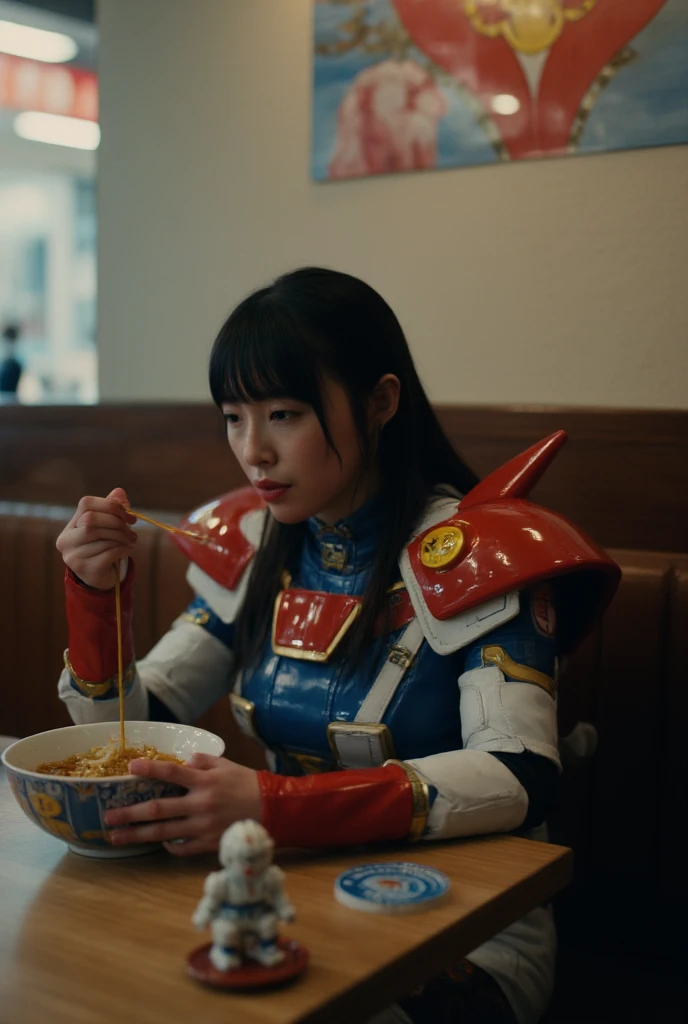 live-action、Real、Gundam&#39;s Armor、The official colours are white, red, blue and yellow、Shiny texture、Very beautiful Japanese girl、Black Hair、Long Hair、Hime cut、Gundam Helmet、Gundam Backpack、Dynamic pose, eating ramen, restaurant with miniature gundam on table, masterpiece、Best Quality, cinematic