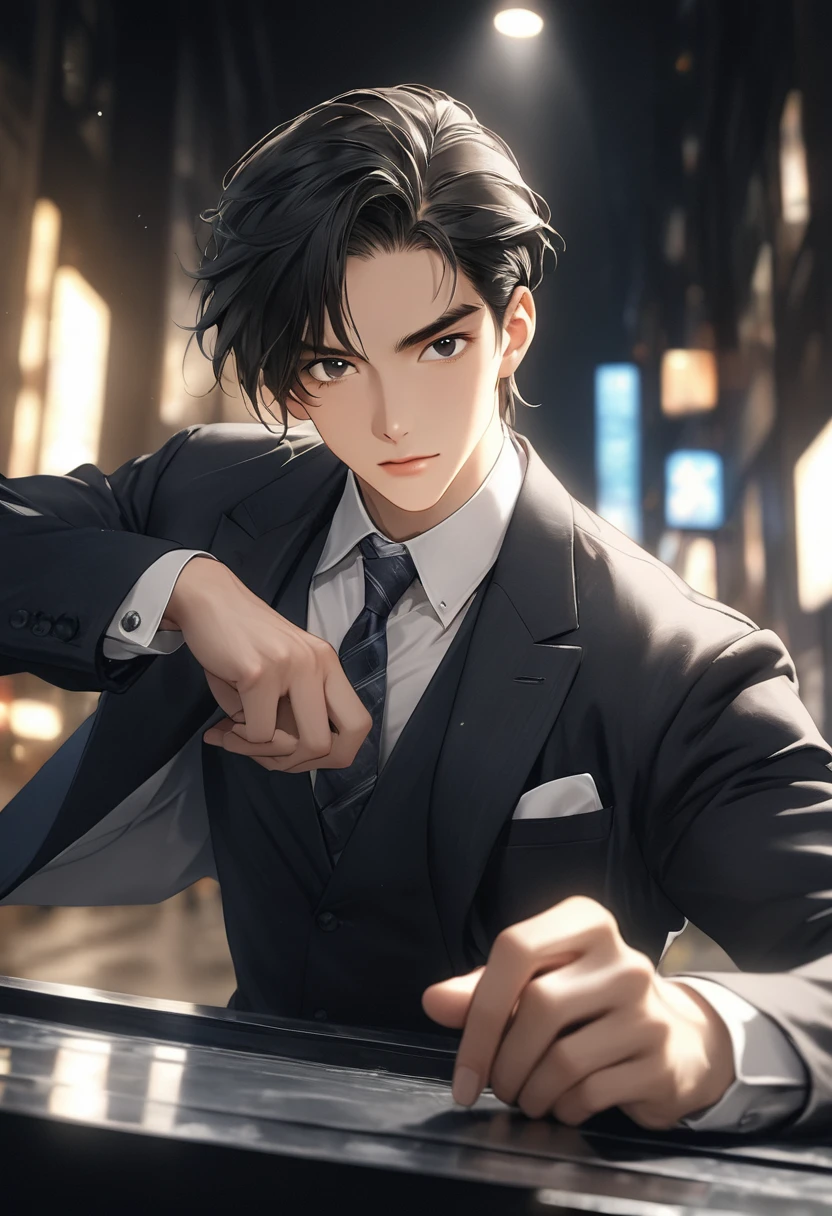 Anime. Handsome asian male in 30s,Man in suit,Strong shoulder width, human,Boyish hairstyle, gentleman style,a cool expression, city background, (masterpiece:1.21),(bestquality:1.21),8k,high detailed,ultra-detailed,photography,award winning,documentary,solo,Studio lighting,High resolution scan,physically-based rendering,black eyes,depth of field,a male,male focus,silm,Real Skin Texture,White Marble Glowing Skin,model,thick eyebrows,Cinematic Lighting,Asian,handsome face,Well-Proportioned Hands,Real Skin Texture,White Marble Glowing Skin,model,thick eyebrows,(random_color_ Fashion_clothing:1.45)(random stylish pose action:1.1),bust shot