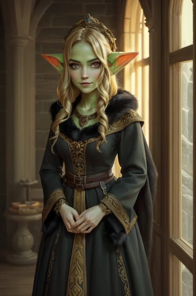 A young goblin girl in realistic portrait of high quality and detail, oil painting style, green skin, dark fantasy style, Long waves blonde hair, She has brown eyes and beautiful makeup. Long goblin Pointy ears, She is wearing a warm dress and a fur coat trimmed with fur from 1870, a winter fur headdress, small breast, light and peaceful atmosphere, glow, eye shadow, 1girl, fantasy, Depth & Perspective, shy smiling on her face, Mystical powers, fine face, She stands in the middle of the medieval bedroom, indoors, day time, looking at viewer, (ultra-high detail:1.2), Masterpiece, Best Quality, Ultra-detailed, Cinematic lighting, 8K, delicate features, cinematic, 35 mm lens, f/1.9, highlight lighting, global lighting –uplight –v 4, cinematic, Cinematic lighting, 8K, high quality, Highest Quality, (Solo Focus), (extremly intricate:1.3), (Realistic), masterful, Analog style, (Film grain:1.5), (warm hue, cold tone),