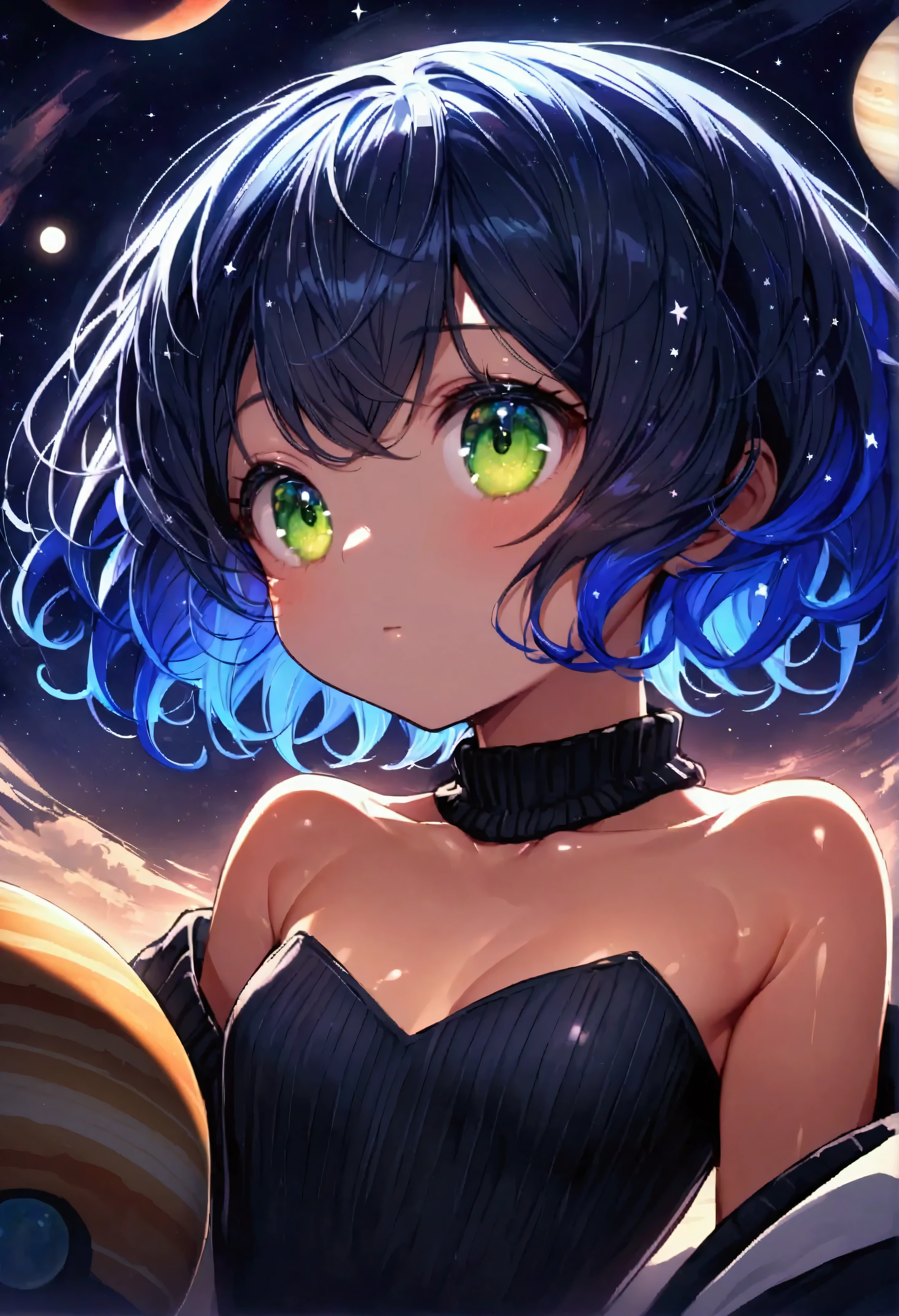 Sky, it's night, the night is full of stars, there are planets in the sky, bright colors, Incredible details, Shiny hair, spectacular hair, Cute, small, Bare shoulders, nipples,  hair, galaxy hair, green eyes, silhouette, tanned, black sweater,