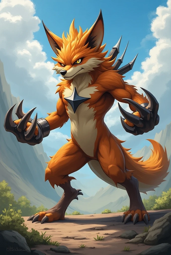 a creature similar to a coyote that walks on 2 legs and has thorns on its hands and one on its chest, that looks like a fighter . Pokémon-style
