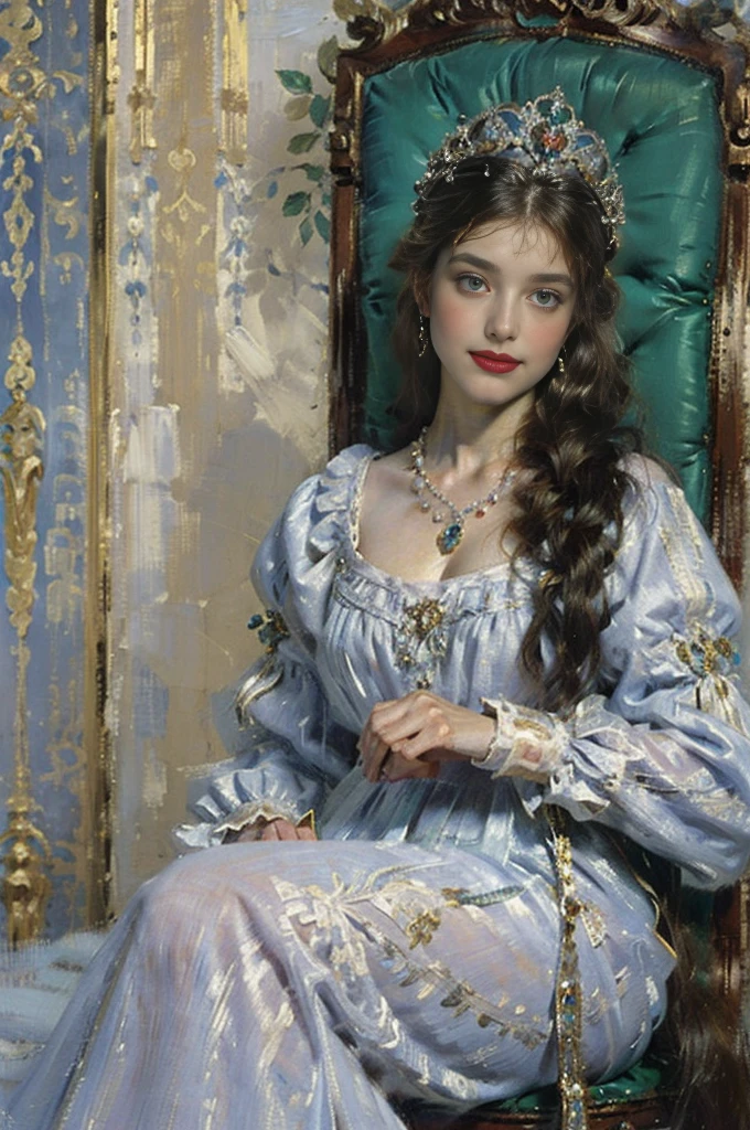 A picture of a russian empress, A woman in silver satin and pearls topped by a diamond and emerald-studded crown and an emerald pendant picked by faberge, red lipstick, the royal blonde hairstyle of the 1800's, blue eyes, a mole under the lower lip, shy smiling on her face, She stands in the Royal throne Room of The Winter Palace Saint petersburg, Works inspired by Friedrich von Amerling, Inspired by Thomas Lawrence, Inspired by Franz Xaver Winterhalter, Nick Alm, oil painting style, realistic woman oil painting, elegant portrait, beautiful portrait of a woman, Inspired by Casey Baugh, elegant digital paintings, Inspired by Howard Chandler Christie, cool beauty, perfect tall model body, best quality, perfect angle, perfect composition, best shot, official art, cinematic light, supreme work of art