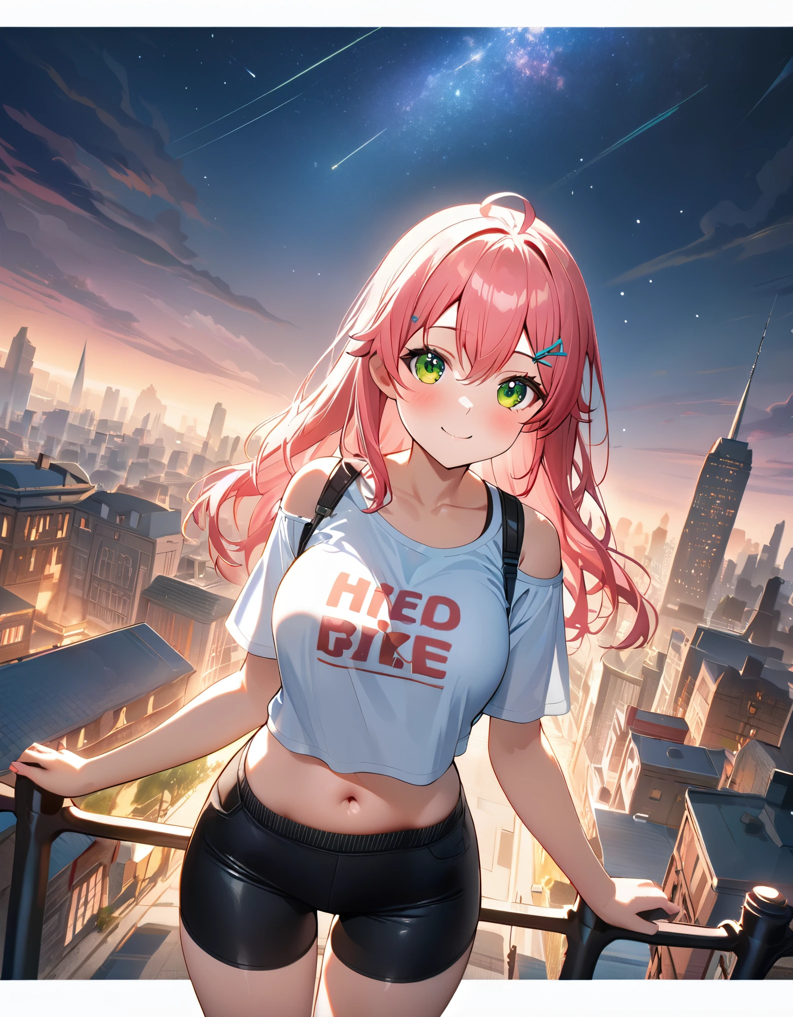 (8k、Best image quality、highest quality、masterpiece)、Detailed face、 1teen_girl、pink Hair、Long Hair、green_eyes、smile,(navel_peek)、(large_breasts),(White_short_T-shirt:1.5)、Off the shoulder、Black shoulder straps、(short_bike_shorts)、City Background, starry_sky_landscape ,sakura_miko,hololive,(covered_nipples:0.5),solo,stargaze,girl_looking_up_sky,sneaker,