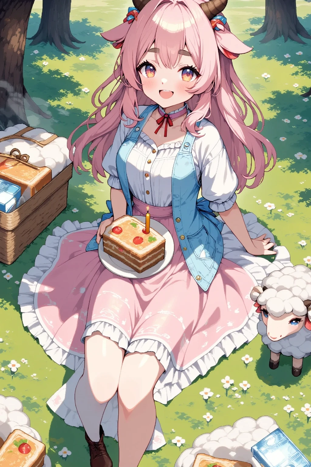 UHD, super detail, high details, highres, Sheep,  cake on a plate , ケーキの上に『Tanks ３００Followers』 shaped candle on a cake ,  holding a plate with both hands , Happy expression,  happy gradation background