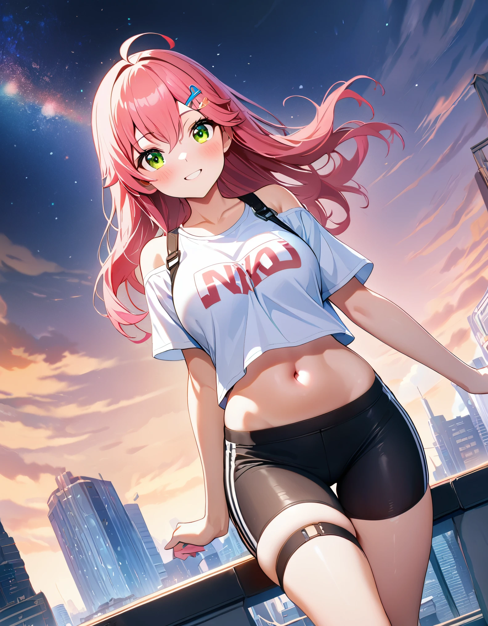 (8k、Best image quality、highest quality、masterpiece)、Detailed face、 1teen_girl、pink Hair、Long Hair、green_eyes、smile,(navel_peek)、(large_breasts),(White_short_T-shirt:1.5)、Off the shoulder、Black shoulder straps、(short_bike_shorts)、City Background, starry_sky_landscape ,sakura_miko,hololive,(covered_nipples:0.5),solo,stargaze,girl_looking_up_sky,sneaker,