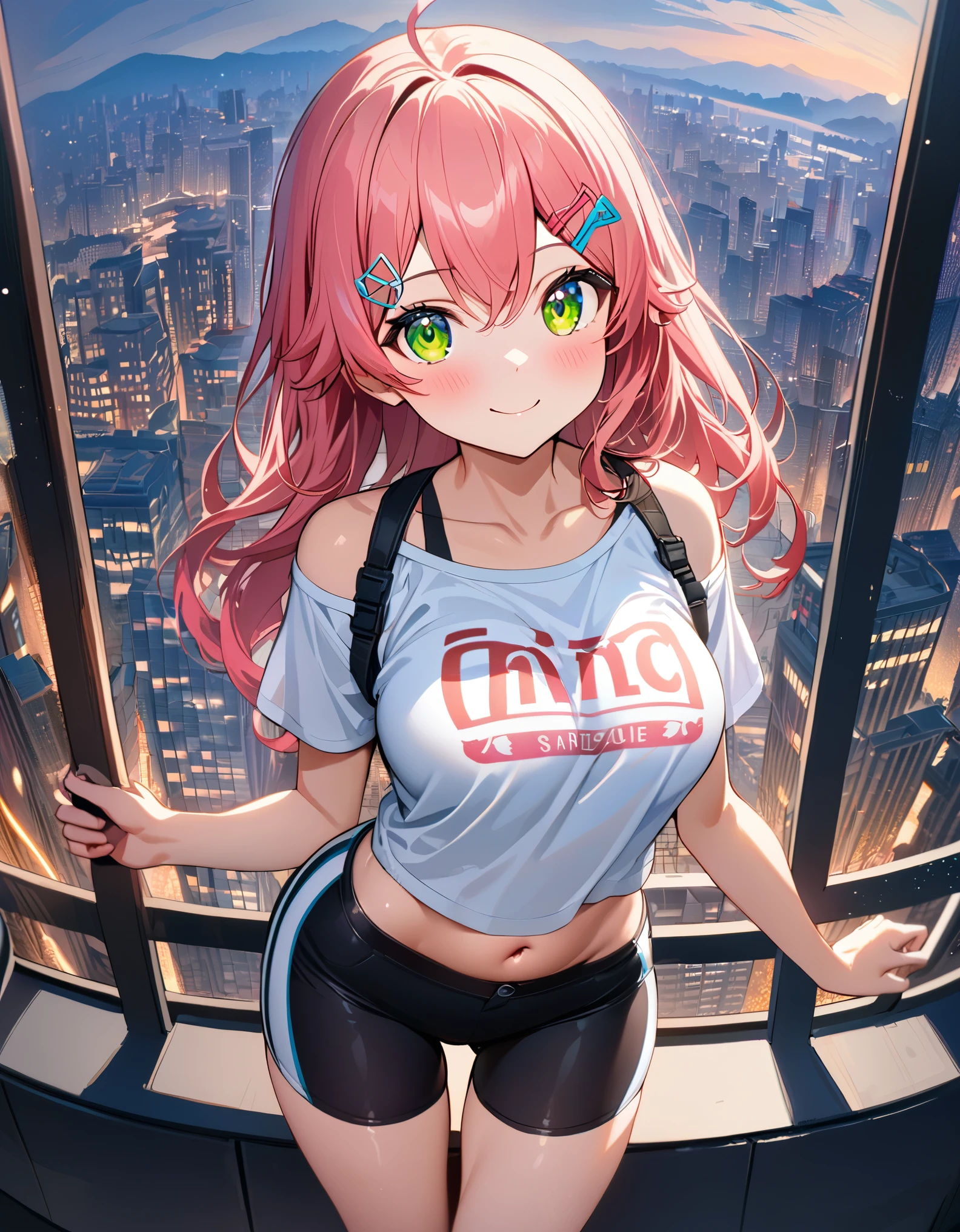 (8k、Best image quality、highest quality、masterpiece)、Detailed face、 1teen_girl、pink Hair、Long Hair、green_eyes、smile,(navel_peek)、(large_breasts),(White_short_T-shirt:1.5)、Off the shoulder、Black shoulder straps、(short_bike_shorts)、City Background, starry_sky_landscape ,sakura_miko,ho****ve,(covered_nipples:0.5),solo,stargaze,girl_looking_up_sky,sneaker,