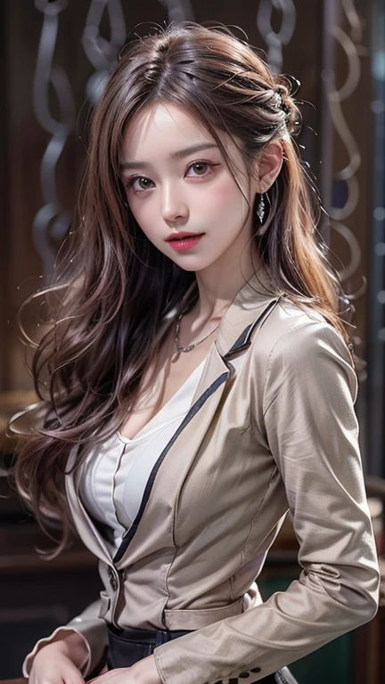 Night Park、Rubber textured red-brown leather blazer suit、Shiny black mini skirt、Lightweight shirt、Cleavage、（Large Breasts:1.4)、Japanese、Gravure idol、Cute 18 year old girl,Long straight black hair, masterpiece, 最high quality, 超high quality, high quality, High resolution, 超High resolution, Absurd, 4K, 8k, 16K, Very detailed, Realistic, photo Realistic, RAWphotograph, photograph, Super Fine Illustration,Beautiful Face、Realistic Face、(Ultra detailed hair)、(Ultra-detailed eyes)、Beautiful details、Realistic Skin、Perfect Anatomy、(Detailed skin)、Beautiful Skin、Charm、Ultra high definition、Ultra-realistic、Correct Anatomy, Perfect proportions