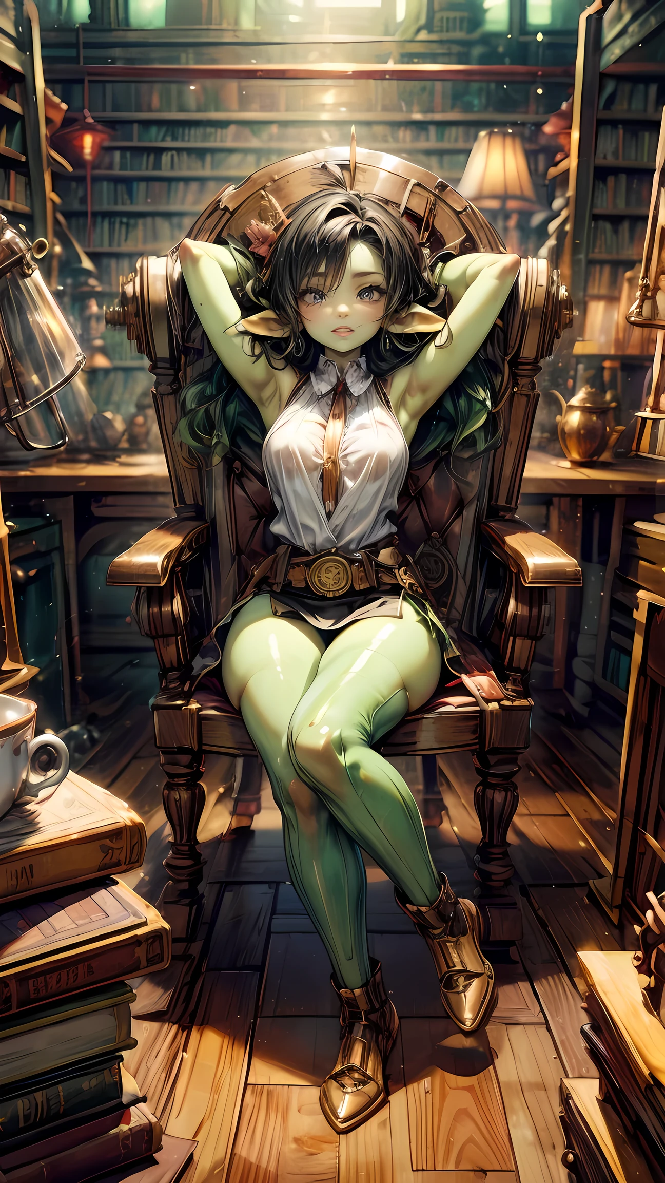 ((best quality)), ((masterpiece)), (detailed), goblin girl, (green skin), purple hair, playing video games, having fun, shortstack, glasses, dynamic pose