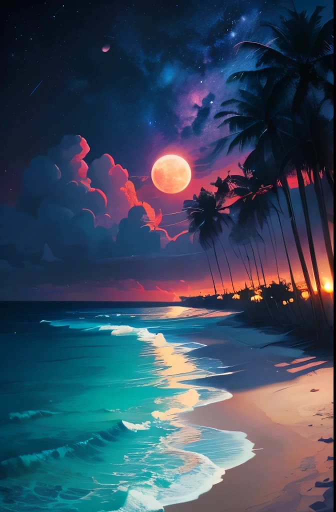 a beach with palm trees and a full moon in the sky, a digital painting by Mike "Beeple" Winkelmann, trending on cgsociety, space art, magical beach, beautiful vibrant colors, jen bartel, beautiful magical palm beach, detailed dreamscape, gorgeous background, amazing background, beautiful color art!, 🌺 cgsociety, synthwave colors!!