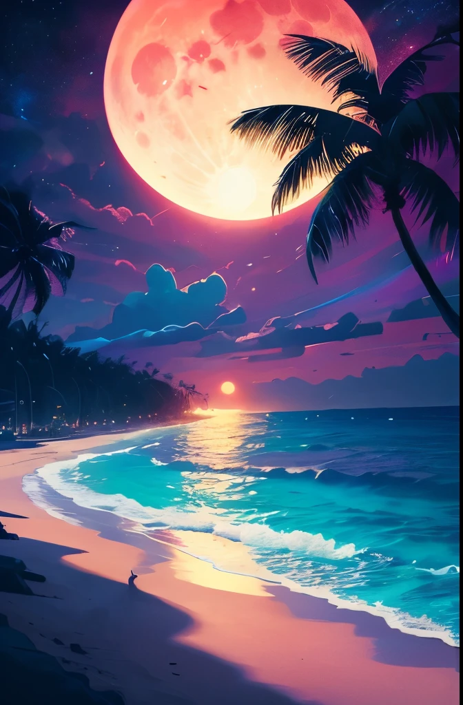 a beach with palm trees and a full moon in the sky, a digital painting by Mike "Beeple" Winkelmann, trending on cgsociety, space art, magical beach, beautiful vibrant colors, jen bartel, beautiful magical palm beach, detailed dreamscape, gorgeous background, amazing background, beautiful color art!, 🌺 cgsociety, synthwave colors!!