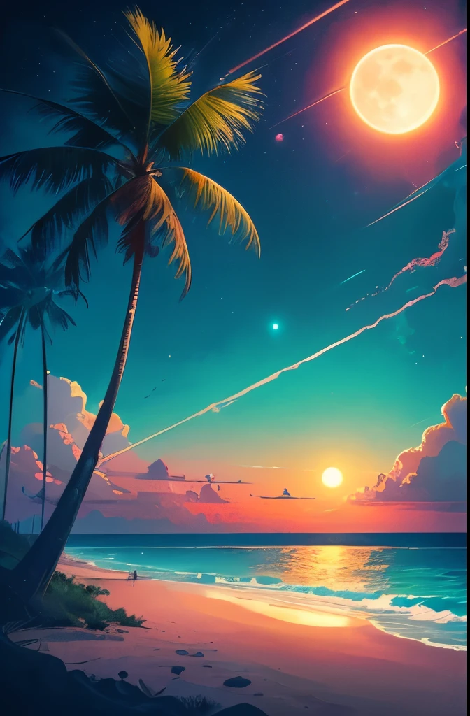 a beach with palm trees and a full moon in the sky, a digital painting by Mike "Beeple" Winkelmann, trending on cgsociety, space art, magical beach, beautiful vibrant colors, jen bartel, beautiful magical palm beach, detailed dreamscape, gorgeous background, amazing background, beautiful color art!, 🌺 cgsociety, synthwave colors!!