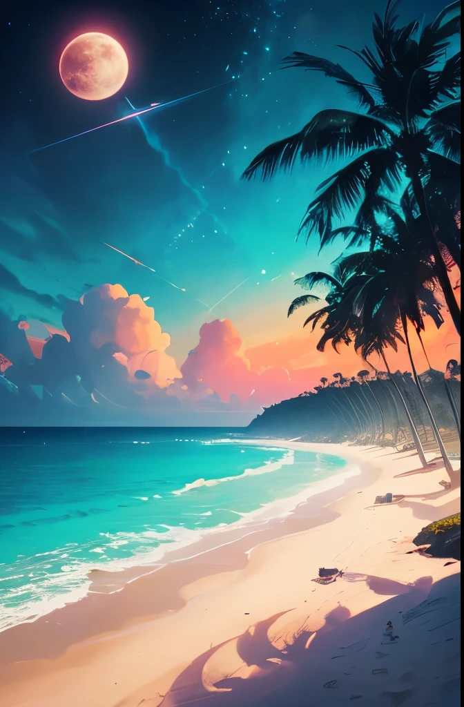 a beach with palm trees and a full moon in the sky, a digital painting by Mike "Beeple" Winkelmann, trending on cgsociety, space art, magical beach, beautiful vibrant colors, jen bartel, beautiful magical palm beach, detailed dreamscape, gorgeous background, amazing background, beautiful color art!, 🌺 cgsociety, synthwave colors!!