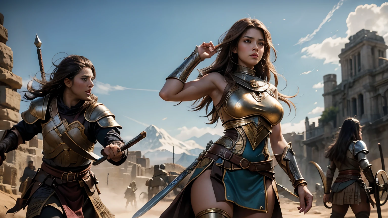 Draw a barbarian woman, Armor of the Barbarian Tribes, heroic pose, em plena altura, pernas bombeadas, cara bonita, Hyperrealism of wide cheekbones, corpo musculoso, Relief muscles, prensa inflada, Fantasy Illustration, Cores claras brilhantes, ultradetalhe, Super contraste, Estudo de alta qualidade de cada detalhe, paleta de cores silenciada, Tons naturais empoeirados com seios fartos