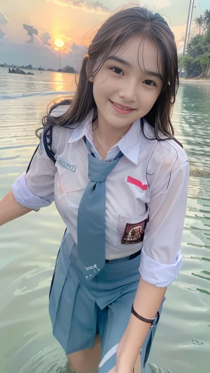 20 yo Indonesian girls in school uniforms playing in the water, at the beach, sunset, twilight hour, magic hour, wet sand, waves, long sleeves, 2 girls, (cardigan), ((loose tie)), ((pleated skirt)), closeup fantasy with water magic, beautiful maidens, playful, (splashing) wearing a skirt made of water, cleavage, photorealistic, dripping wet, in water up to their shoulders, beautiful realistic photo, nymph in the water, hyperrealist portrait at seaside, hyperrealistic fantasy photo, splashing,  playing with each other, cute shot, narrow depth of field, 8k,  ((drenched)), ((soaked)), (dripping water), dripping oil, heavy clothes, soaked in oil, wet all over, rouge lipstick, wet dripping hair, varied hair, smiling, ((see throug, varied poses, tropical beach