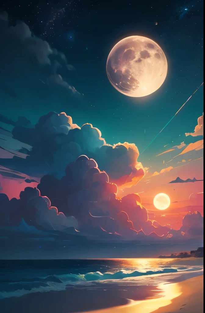 a beach with palm trees and a full moon in the sky, a digital painting by Mike "Beeple" Winkelmann, trending on cgsociety, space art, magical beach, beautiful vibrant colors, jen bartel, beautiful magical palm beach, detailed dreamscape, gorgeous background, amazing background, beautiful color art!, 🌺 cgsociety, synthwave colors!!