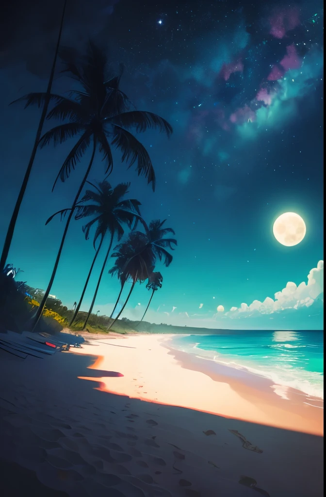 a beach with palm trees and a full moon in the sky, a digital painting by Mike "Beeple" Winkelmann, trending on cgsociety, space art, magical beach, beautiful vibrant colors, jen bartel, beautiful magical palm beach, detailed dreamscape, gorgeous background, amazing background, beautiful color art!, 🌺 cgsociety, synthwave colors!!