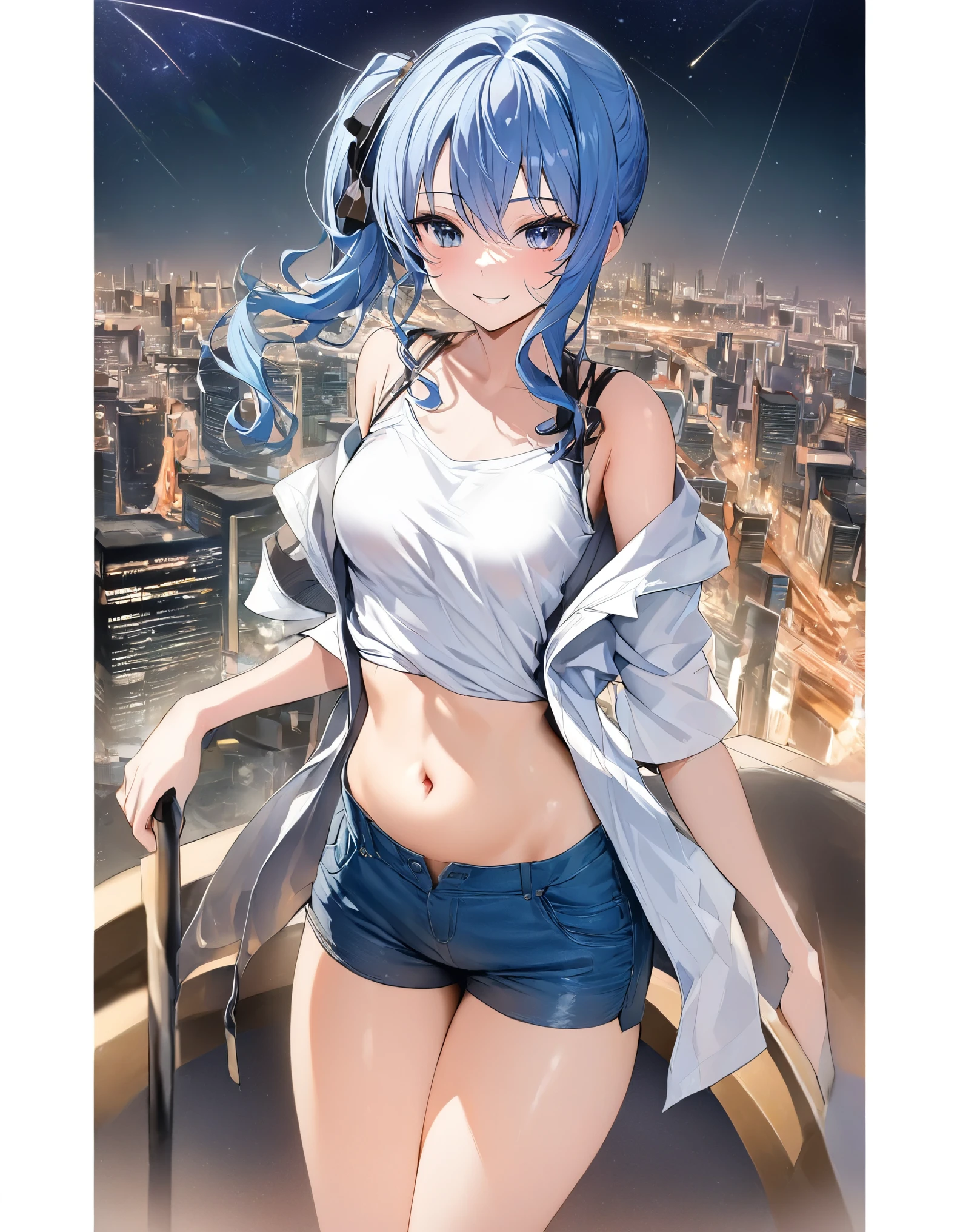 (8k、Best image quality、highest quality、masterpiece)、Detailed face、 1teen_girl、Blue Hair、Long Hair、sideponytail、dark_blue_eyes、smile,(peek_navel:0.7),(small_breasts:0.8),(White_T-shirt:1.3)、Off_shoulder、Black shoulder straps、(open_front_shorts,denim_short_shorts:1.2)、City Background, starry_sky_landscape ,hoshimachi suisei, (belly_button:1.2),nihil,solo,stargaze,girl_looking_up_sky,slender,solo,boots,abs, tight_waist, point_to_sky,slender_thighs,knees