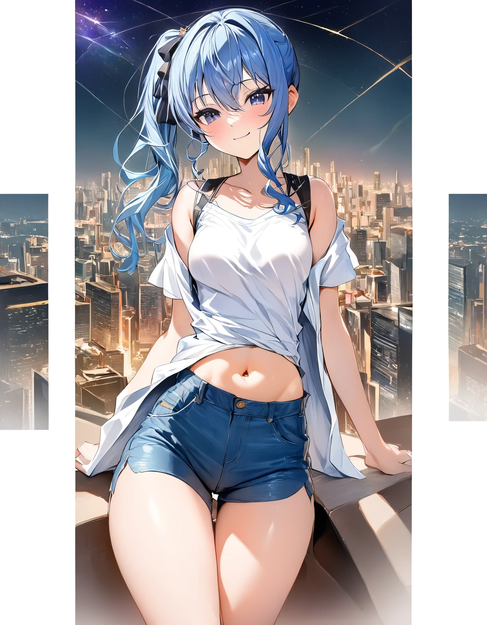 (8k、Best image quality、highest quality、masterpiece)、Detailed face、 1teen_girl、Blue Hair、Long Hair、sideponytail、dark_blue_eyes、smile,(peek_navel:0.7),(small_breasts:0.8),(White_T-shirt:1.3)、Off_shoulder、Black shoulder straps、(open_front_shorts,denim_short_shorts:1.2)、City Background, starry_sky_landscape ,hoshimachi suisei, (belly_button:1.2),nihil,solo,stargaze,girl_looking_up_sky,slender,solo,boots,abs, tight_waist, point_to_sky,slender_thighs,knees