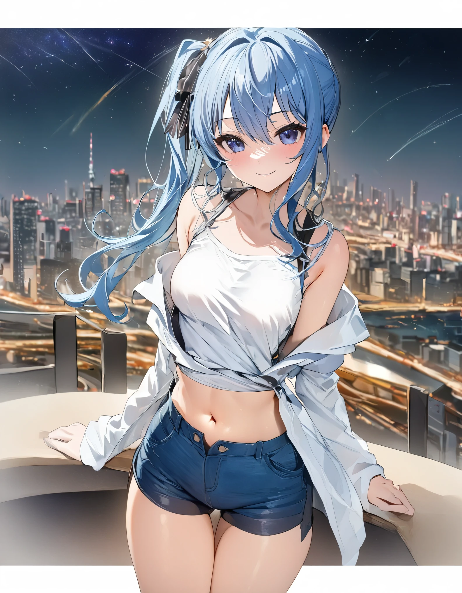 (8k、Best image quality、highest quality、masterpiece)、Detailed face、 1teen_girl、Blue Hair、Long Hair、sideponytail、dark_blue_eyes、smile,(peek_navel:0.7),(small_breasts:0.8),(White_T-shirt:1.3)、Off_shoulder、Black shoulder straps、(open_front_shorts,denim_short_shorts:1.2)、City Background, starry_sky_landscape ,hoshimachi suisei, (belly_button:1.2),nihil,solo,stargaze,girl_looking_up_sky,slender,solo,boots,abs, tight_waist, point_to_sky,slender_thighs,knees