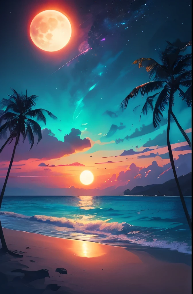 a beach with palm trees and a full moon in the sky, a digital painting by Mike "Beeple" Winkelmann, trending on cgsociety, space art, magical beach, beautiful vibrant colors, jen bartel, beautiful magical palm beach, detailed dreamscape, gorgeous background, amazing background, beautiful color art!, 🌺 cgsociety, synthwave colors!!