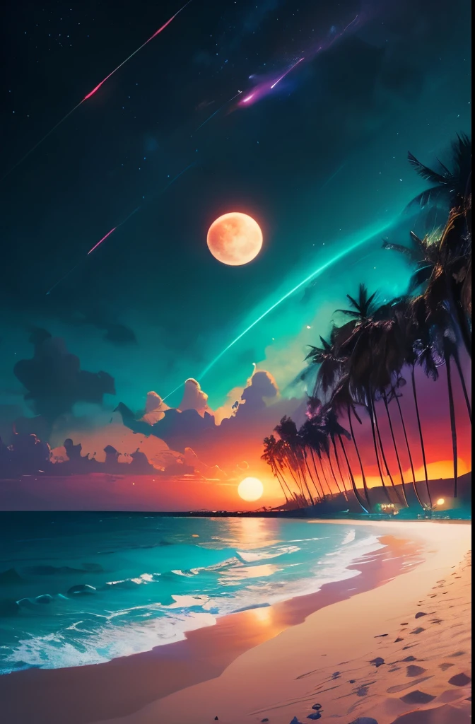 a beach with palm trees and a full moon in the sky, a digital painting by Mike "Beeple" Winkelmann, trending on cgsociety, space art, magical beach, beautiful vibrant colors, jen bartel, beautiful magical palm beach, detailed dreamscape, gorgeous background, amazing background, beautiful color art!, 🌺 cgsociety, synthwave colors!!