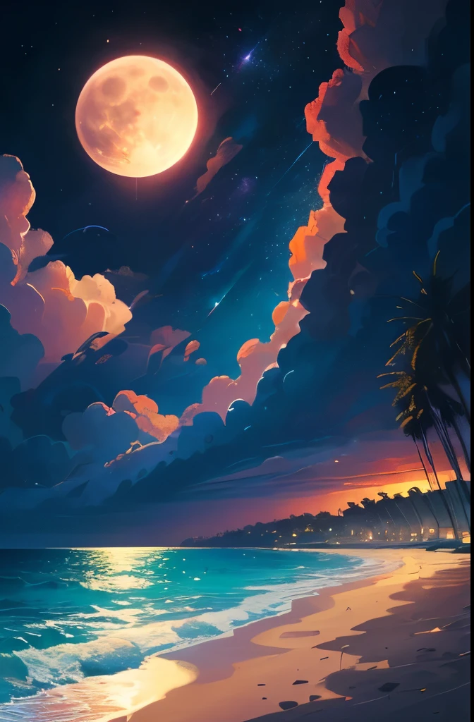 a beach with palm trees and a full moon in the sky, a digital painting by Mike "Beeple" Winkelmann, trending on cgsociety, space art, magical beach, beautiful vibrant colors, jen bartel, beautiful magical palm beach, detailed dreamscape, gorgeous background, amazing background, beautiful color art!, 🌺 cgsociety, synthwave colors!!