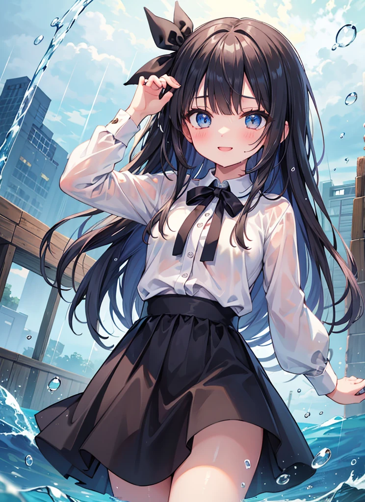 (8k, Best Quality, masterpiece: 1.2), Ultra-high resolution, 1 person, cute, Small breasts,  very detailed face, White blouse, shirt, 大量のrain, rain,  wet,  Black underwear , ribbon, Gothic Long Skirt, Water droplets all over the body, A like smile, Bright smile, Lots of water, Submersion,  splash from below, Water up to one&#39;s chest, 