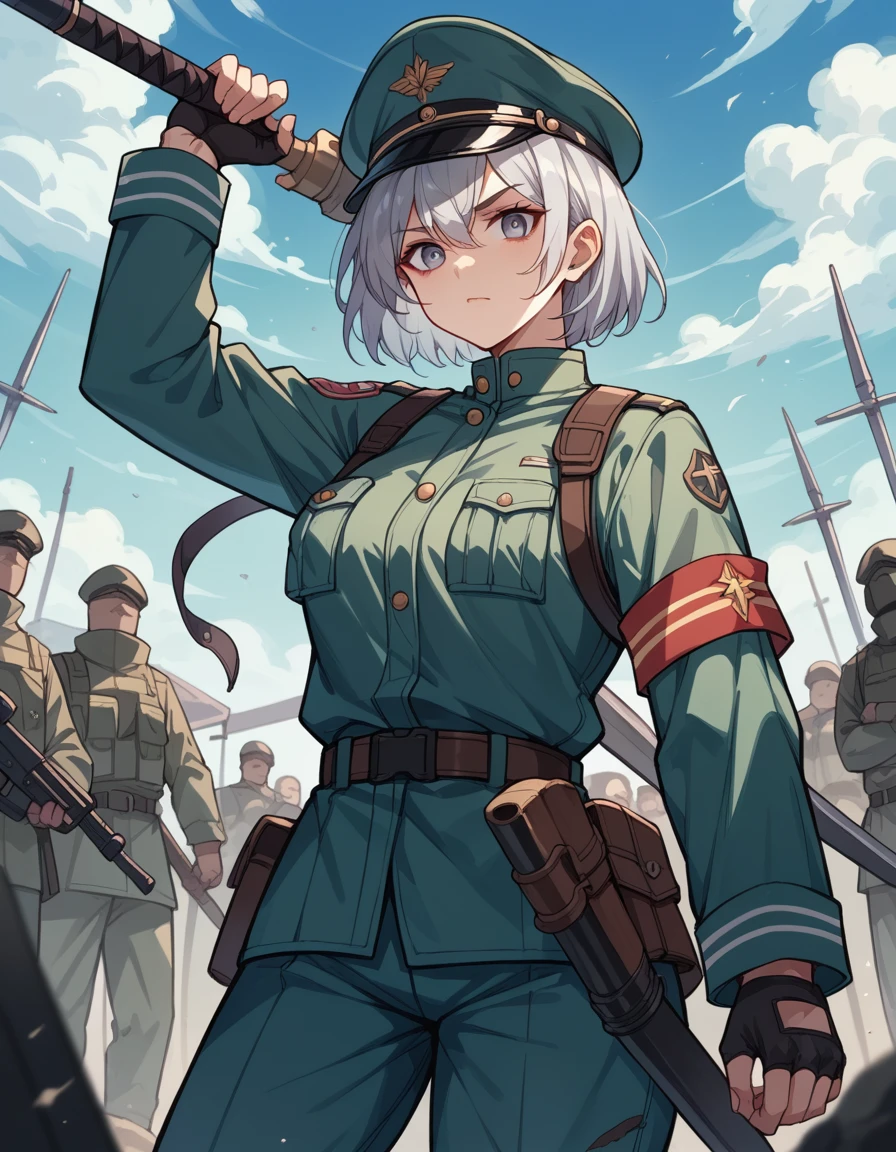 1girl, ss military uniform, straight arm salute, world war ii, masterpiece, absurdres, cloudy sky, anime screencap,, masterpiece, best quality,