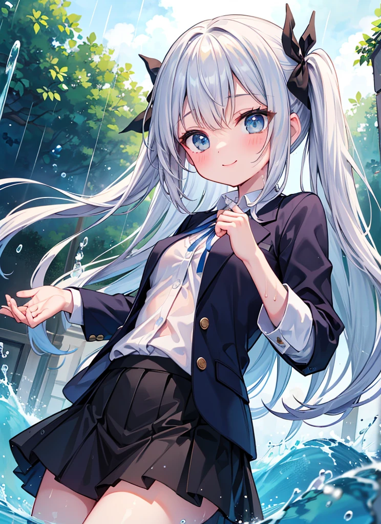 (muste piece), (best quality), (score_9, score_8_up, score_7_up), very detailed eyes, expressive eyes, perfect face, very detailed face, highly detailed face, beautiful girl, 8K, beautiful girl, white background, delicate and beautiful face and eyes, dark intense shadow, 1 girl, vtuber style, cool girl, hololive, vtuber, Shirakami Fubuki, fubuki, white hair, single side braid, ahoge, piercing, fox tail, low-tied long hair,  Japanese student sailor uniform, short sleeves, pleated Skirt, miniskirt, light green underpants, cameltoe, small chest, (full body), cloudy day, rainy Day, holding an umbrella, look down, squatting, knees together feet apart, reflection in water, from below, pov crotch,