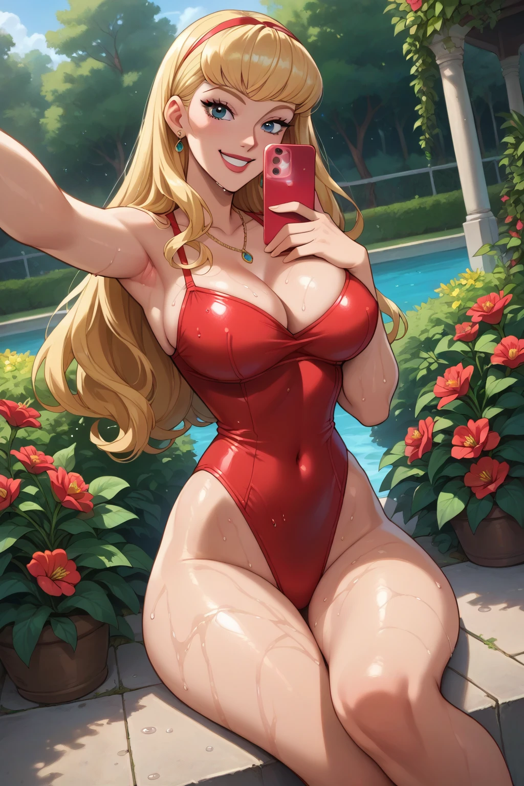 Selfie da Princesa Aurora,long blonde hair, blue eyes,sexy, smile,long hair, big breasts, beautiful legs, thick thighs,red swimsuit, red swimsuit com decote,  smile,Alone,Selfie,  bottom angle. perfect anatomy.wet,Bottom :Flower garden.FULL LEGS.
