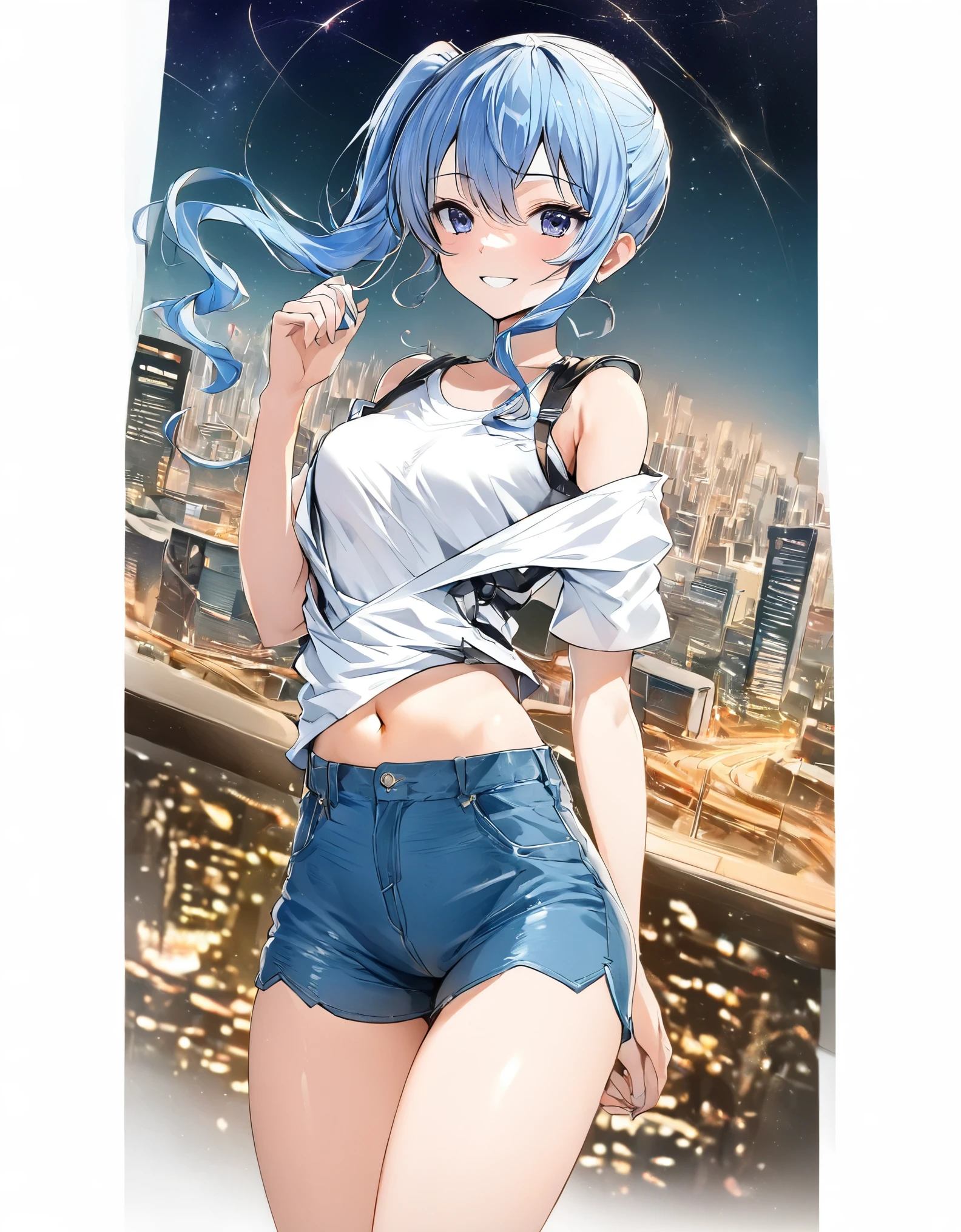 (8k、Best image quality、highest quality)、Detailed face、 1teen_girl、Blue Hair、Long Hair、sideponytail、dark_blue_eyes、smile,(peek_navel:0.7),(small_breasts:0.8),(White_T-shirt:1.3)、Off_shoulder、Black shoulder straps、(open_front_shorts,denim_short_shorts:1.2)、City Background, starry_sky_landscape ,hoshimachi suisei, (belly_button:1.2),nihil,solo,stargaze,girl_looking_up_sky,slender,solo,boots,abs, tight_waist, point_to_sky,slender_thighs,knees