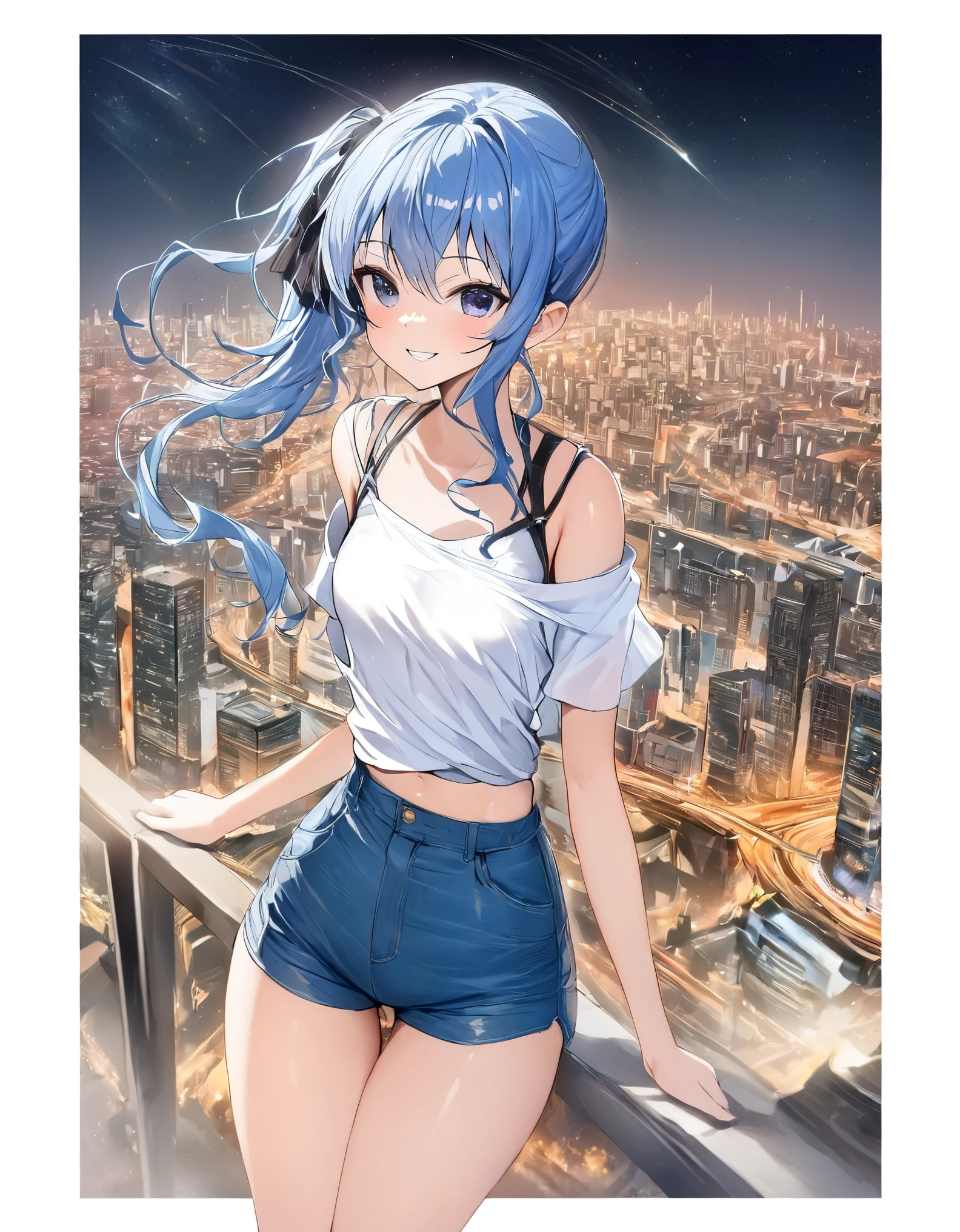 (8k、Best image quality、highest quality)、Detailed face、 1teen_girl、Blue Hair、Long Hair、sideponytail、dark_blue_eyes、smile,(peek_navel:0.7),(small_breasts:0.8),(White_T-shirt:1.3)、Off_shoulder、Black shoulder straps、(open_front_shorts,denim_short_shorts:1.2)、City Background, starry_sky_landscape ,hoshimachi suisei, (belly_button:1.2),nihil,solo,stargaze,girl_looking_up_sky,slender,solo,boots,abs, tight_waist, point_to_sky,slender_thighs,knees