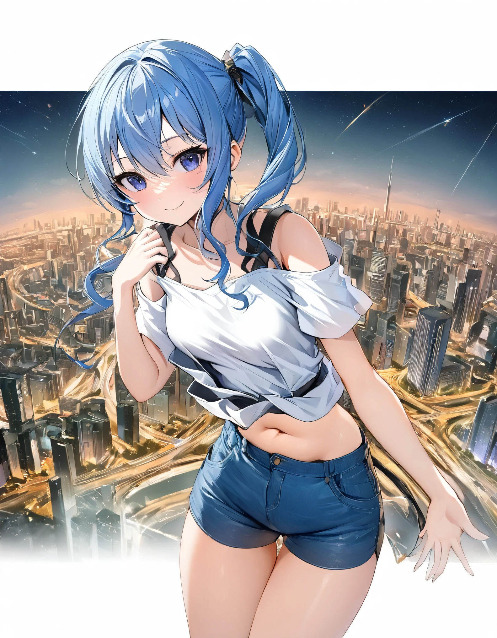 (8k、Best image quality、highest quality)、Detailed face、 1teen_girl、Blue Hair、Long Hair、sideponytail、dark_blue_eyes、smile,(peek_navel:0.7),(small_breasts:0.8),(White_T-shirt:1.3)、Off_shoulder、Black shoulder straps、(open_front_shorts,denim_short_shorts:1.2)、City Background, starry_sky_landscape ,hoshimachi suisei, (belly_button:1.2),nihil,solo,stargaze,girl_looking_up_sky,slender,solo,boots,abs, tight_waist, point_to_sky,slender_thighs,knees