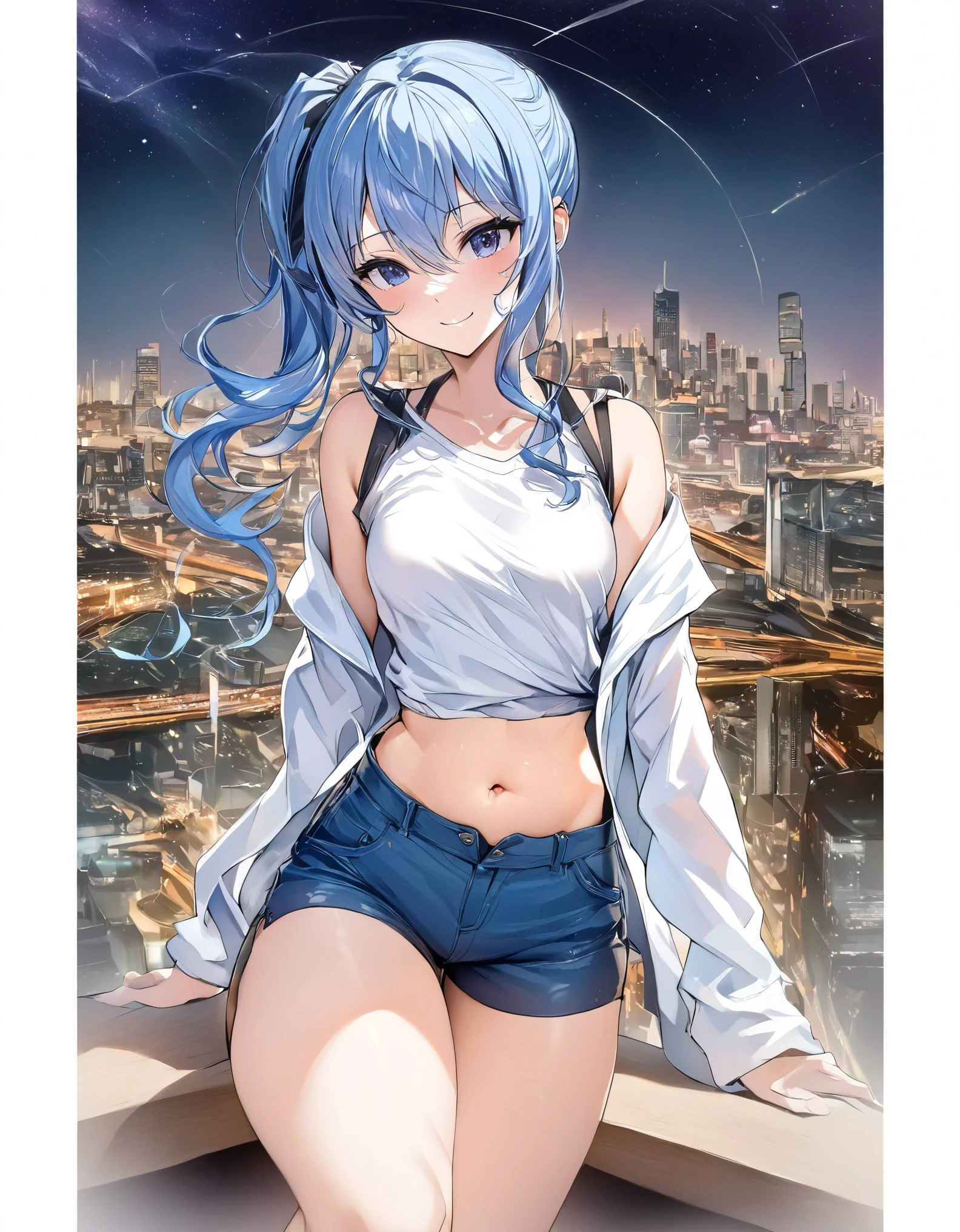 (8k、Best image quality、highest quality)、Detailed face、 1teen_girl、Blue Hair、Long Hair、sideponytail、dark_blue_eyes、smile,(peek_navel:0.7),(small_breasts:0.8),(White_T-shirt:1.3)、Off_shoulder、Black shoulder straps、(open_front_shorts,denim_short_shorts:1.2)、City Background, starry_sky_landscape ,hoshimachi suisei, (belly_button:1.2),nihil,solo,stargaze,girl_looking_up_sky,slender,solo,boots,abs, tight_waist, point_to_sky,slender_thighs,knees