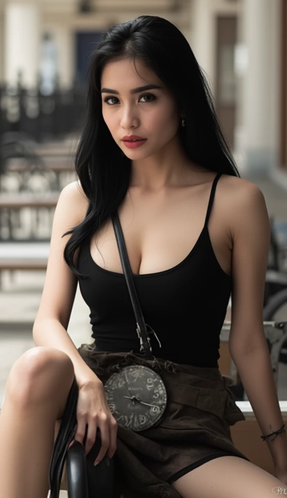 araffe woman with black hair and a black top sitting on a bench, she is wearing a black tank top, gorgeous latina face, beautiful asian girl, anna nikonova aka newmilky, casual pose, cindy avelino, beautiful mexican woman, beautiful asian woman, lovely woman, cute young woman, mia khalifa, violet myers, with a seductive smile