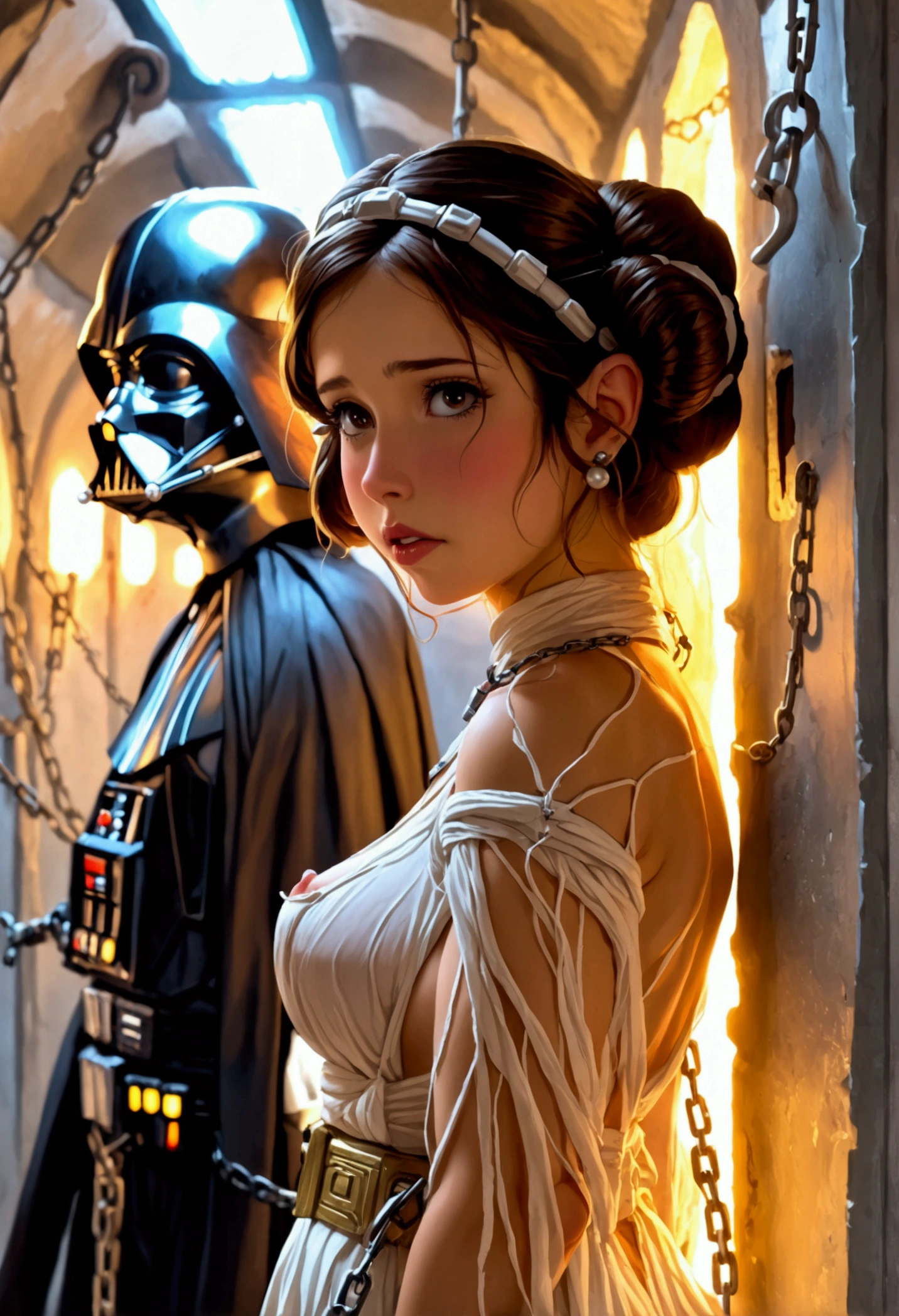 A cute yuna in the role of princess Leia (age 25, (big breasts 1.2), big butt, slim waist, tattered remains of a sheer white dress no underwear, unshaved), is a prisoner on the Death Star, Leia is chained to the wall, Leia being milked by droids (hand expressing lactation) in a high technology scary torture chancer, a Very aroused Darth Vader prepares for Leia's brutal BDSM sex session, damsel rape, damsel peril, BDSM
