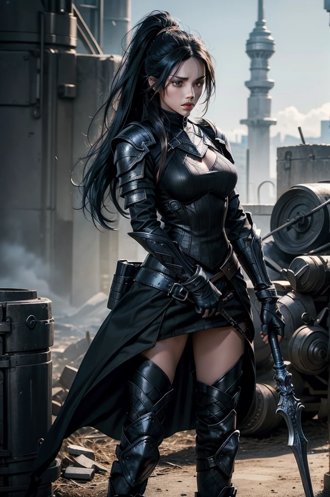 A 20-year-old woman with long black hair tied in a high ponytail, dark eyes, and a serious expression. She is wearing a form-fitting armor that is a sleek combination of blue and black, with black boots and matching black gloves. She is holding a spear in both hands, the tip of the spear. The scene captures her standing in a battle-ready pose, exuding a powerful and focused presence, as if prepared for an intense fight. 