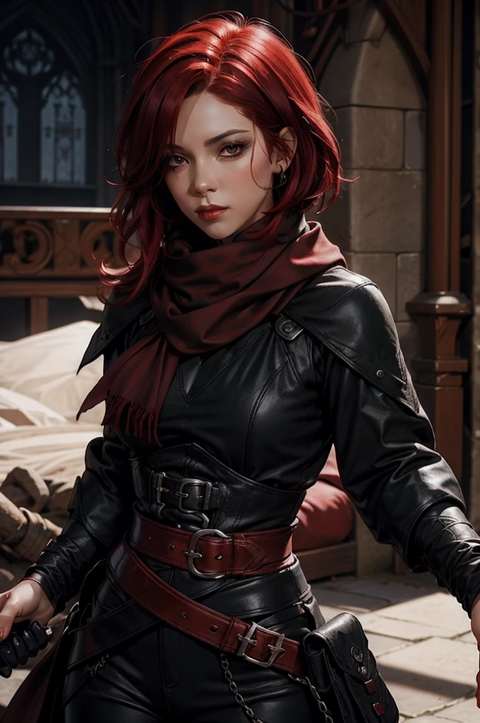 A thief gilr with short scarlet red hair, dressed in black medieval-style pants, black boots, and a white blouse. black and brown scarf that covers part of her mouth and carries two black daggers with red accents. Ensure sharp details in the daggers and scarf for a high-definition look. 