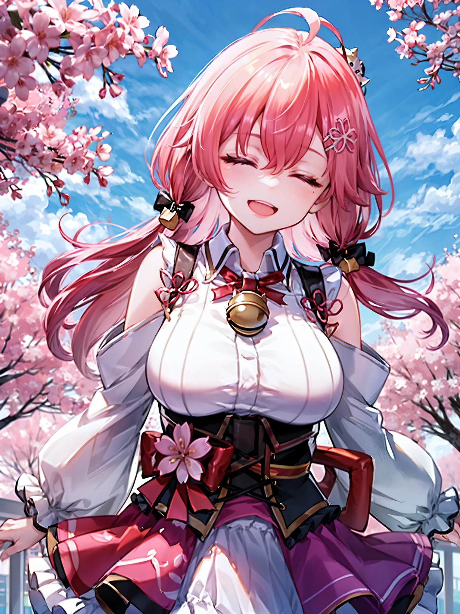 Among a vibrant music festival, the Giantess Goddess with cherry blossom pink skin and sunshine yellow eyes stands amidst the stages and dancing crowds. Her hair, a cascade of pink petals, catches the sunlight. Festival-goers and performers pause in their revelry, their cheers softening as they watch her towering form. Unseen until her immense hand gently scoops them up, they gasp in awe, their voices hushed against her palm as she brings them close to her face, curiosity gleaming in her eyes before setting them down gently.