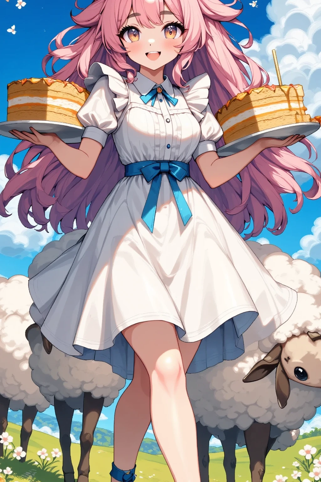 UHD, super detail, high details, highres, front, Sheep,  big cake on a plate, ケーキの上に『Tanks ３００Followers』Character,  holding a plate on top of the cake , smile, Happy expression,  happy color background 